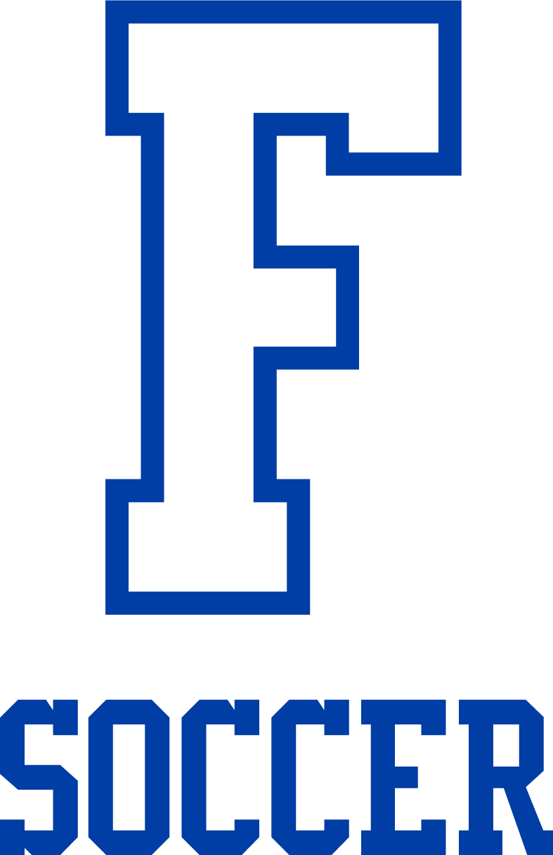 A blue and white athletic logo featuring a large outlined letter "F" above the word "SOCCER" in solid blue block lettering.
