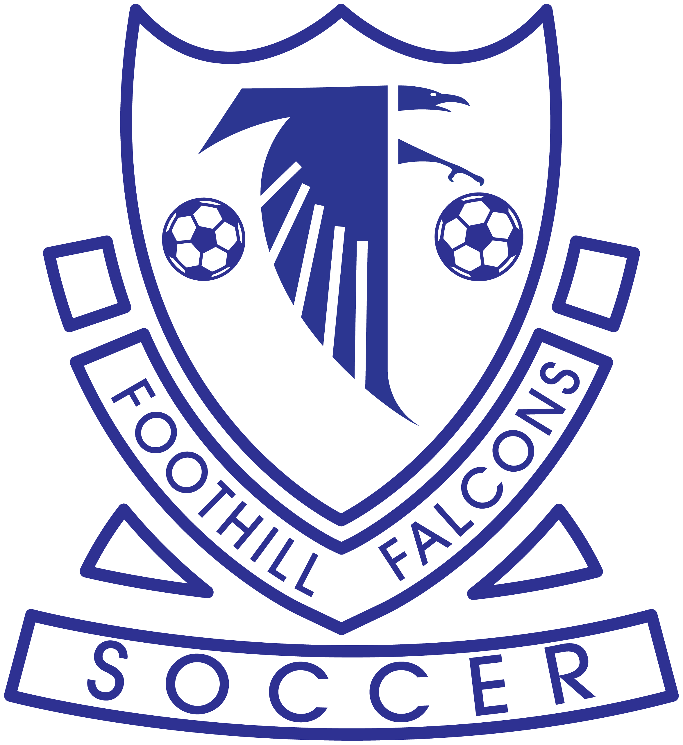 Blue and white logo for Foothill Falcons Soccer, featuring a stylized falcon between two soccer balls inside a crest, with the team name displayed on banners below.