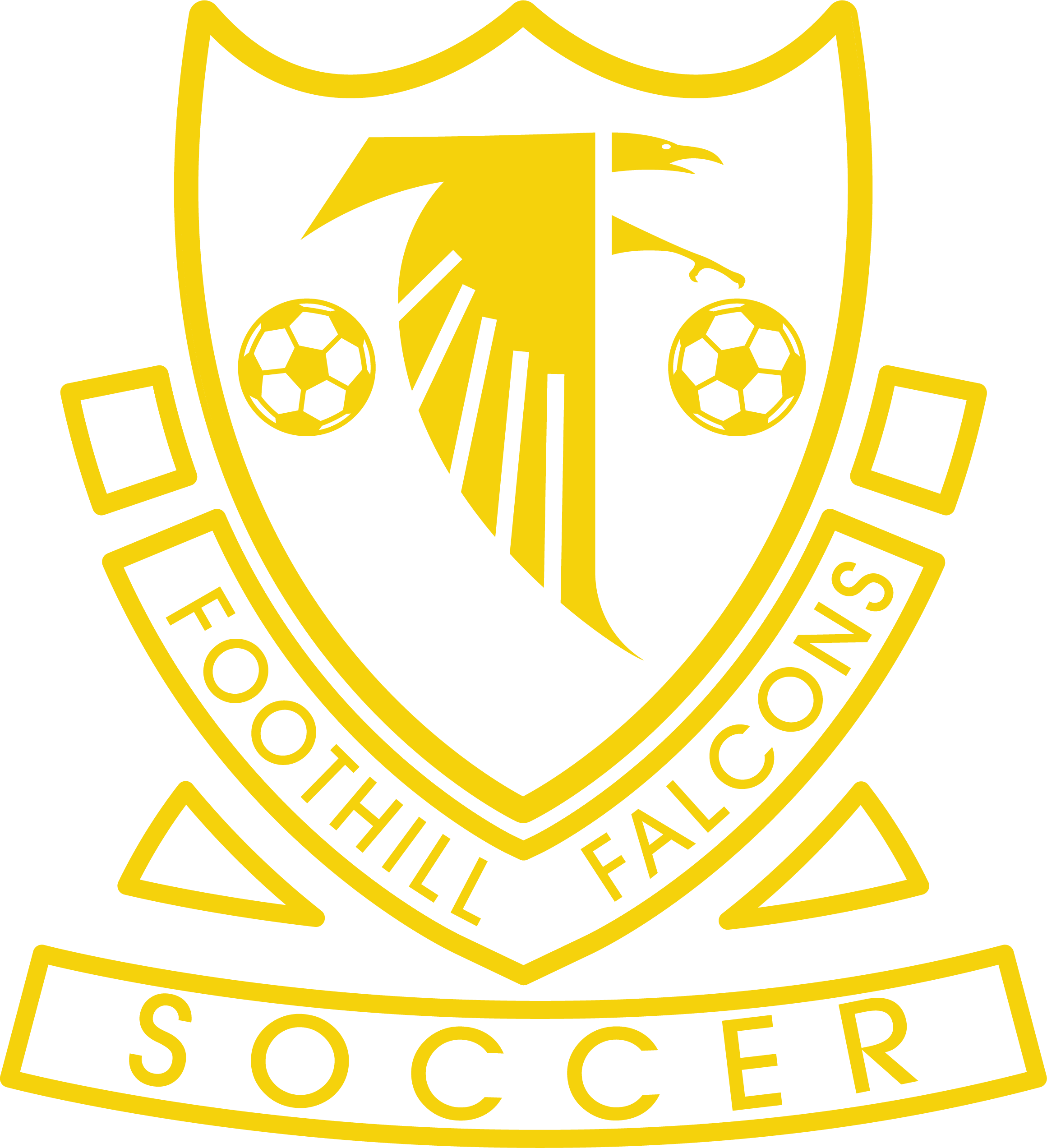 Yellow sports logo for Foothill Falcons Soccer featuring a shield crest with a stylized falcon, two soccer balls, and banners.