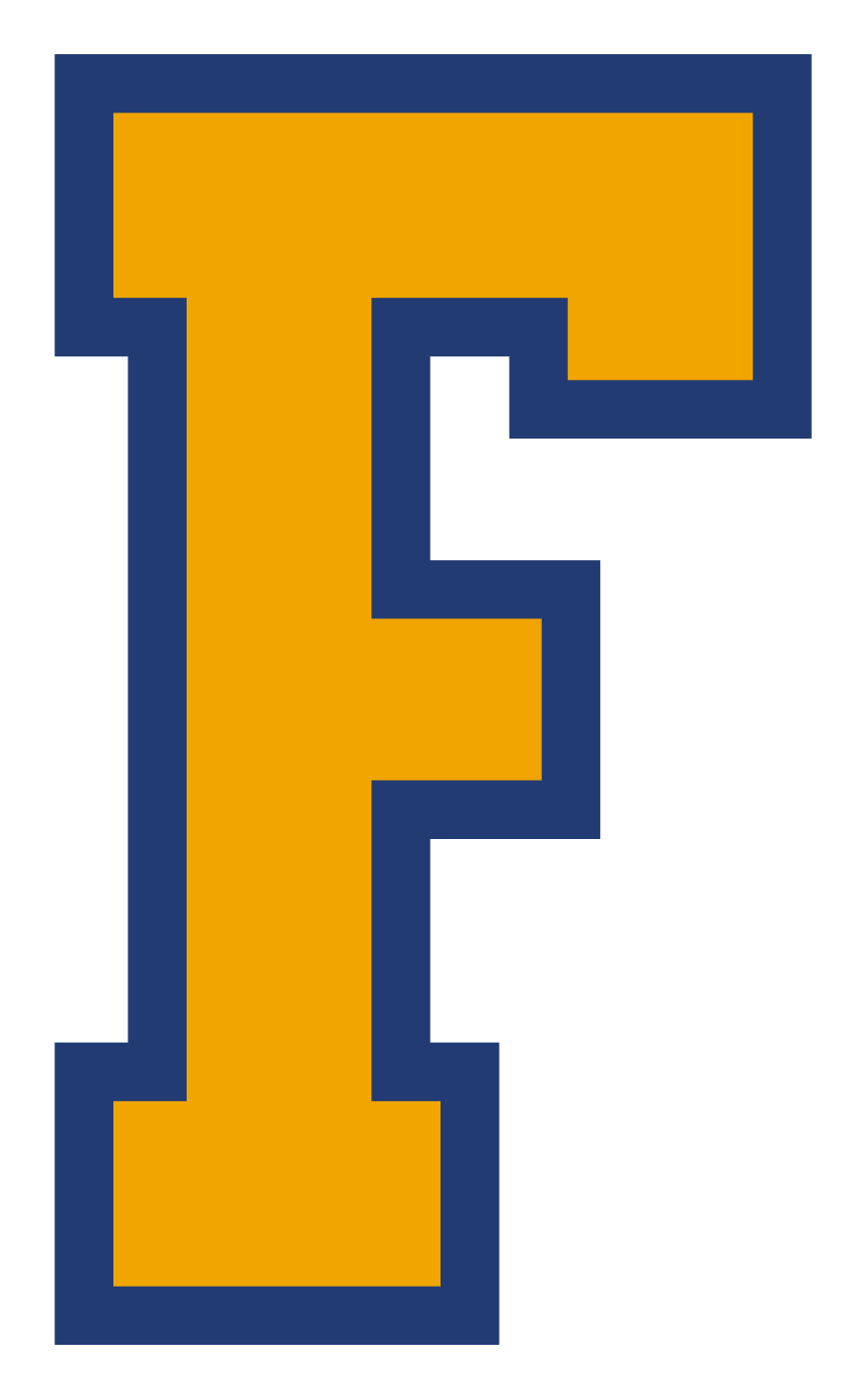Large yellow block letter F with a thick navy blue outline.