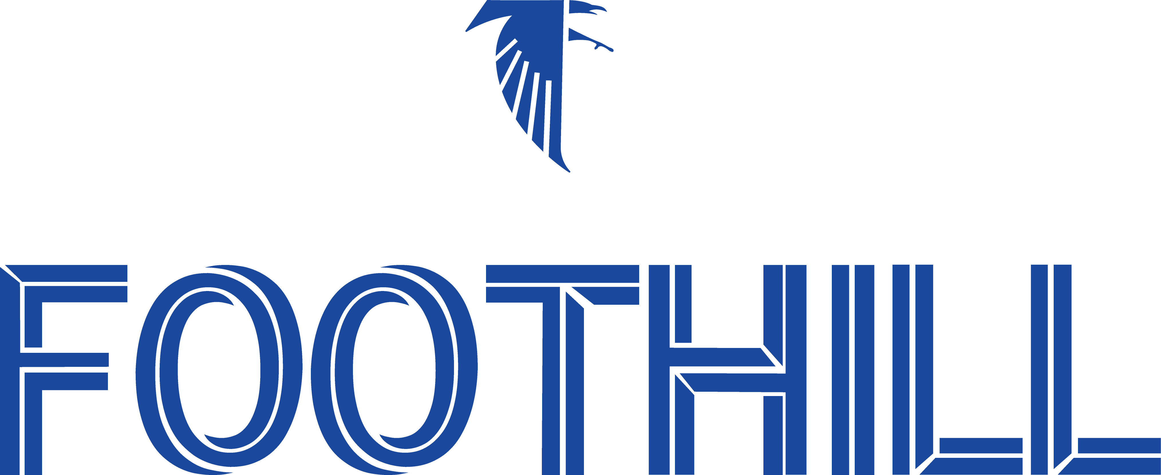 Blue logo for "FOOTHILL" with a stylized bird icon above the text, set against a black background.