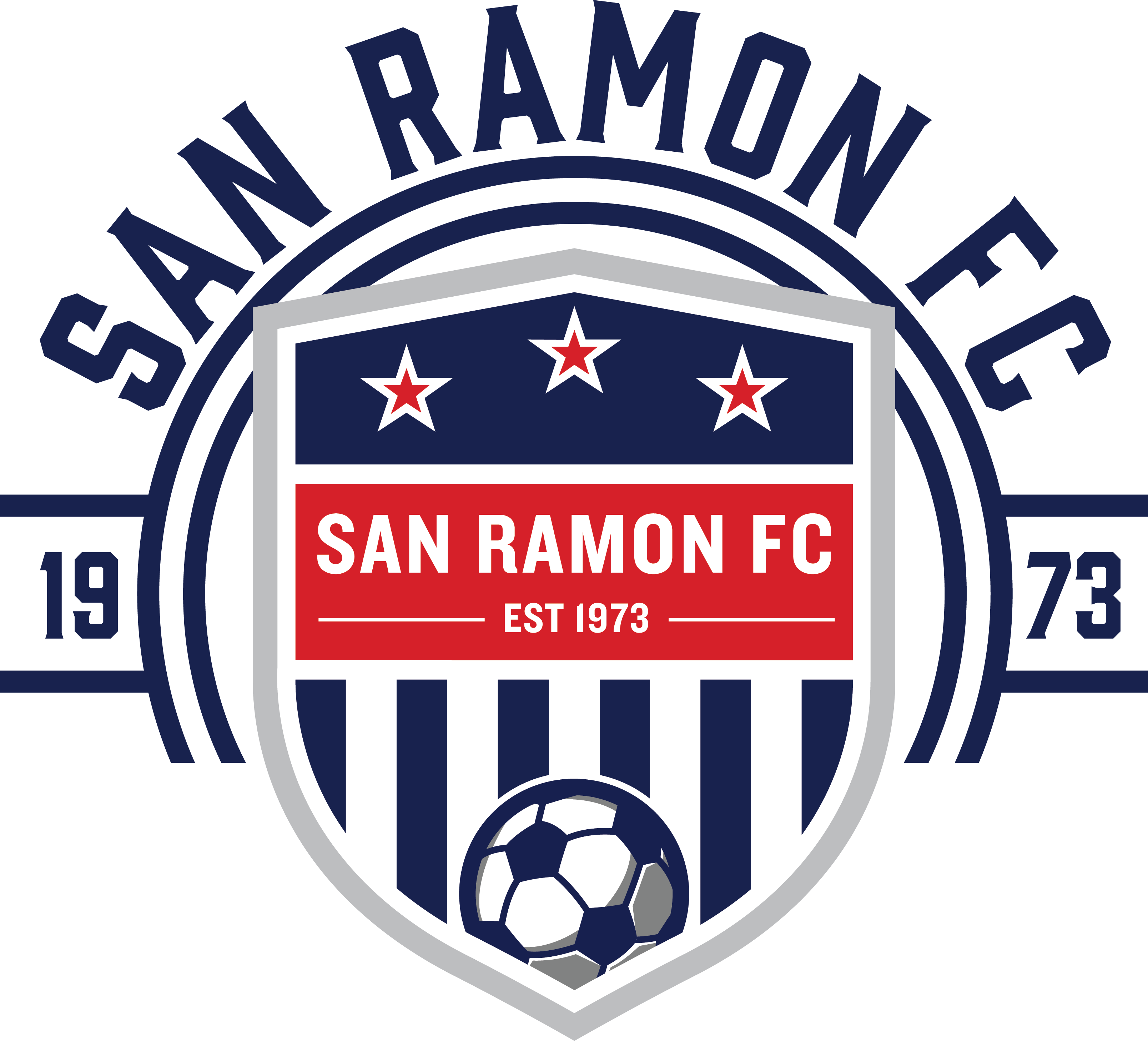 Logo for San Ramon FC featuring a circular frame around a central shield with three stars, vertical stripes, a soccer ball, and the text 'EST 1973'.