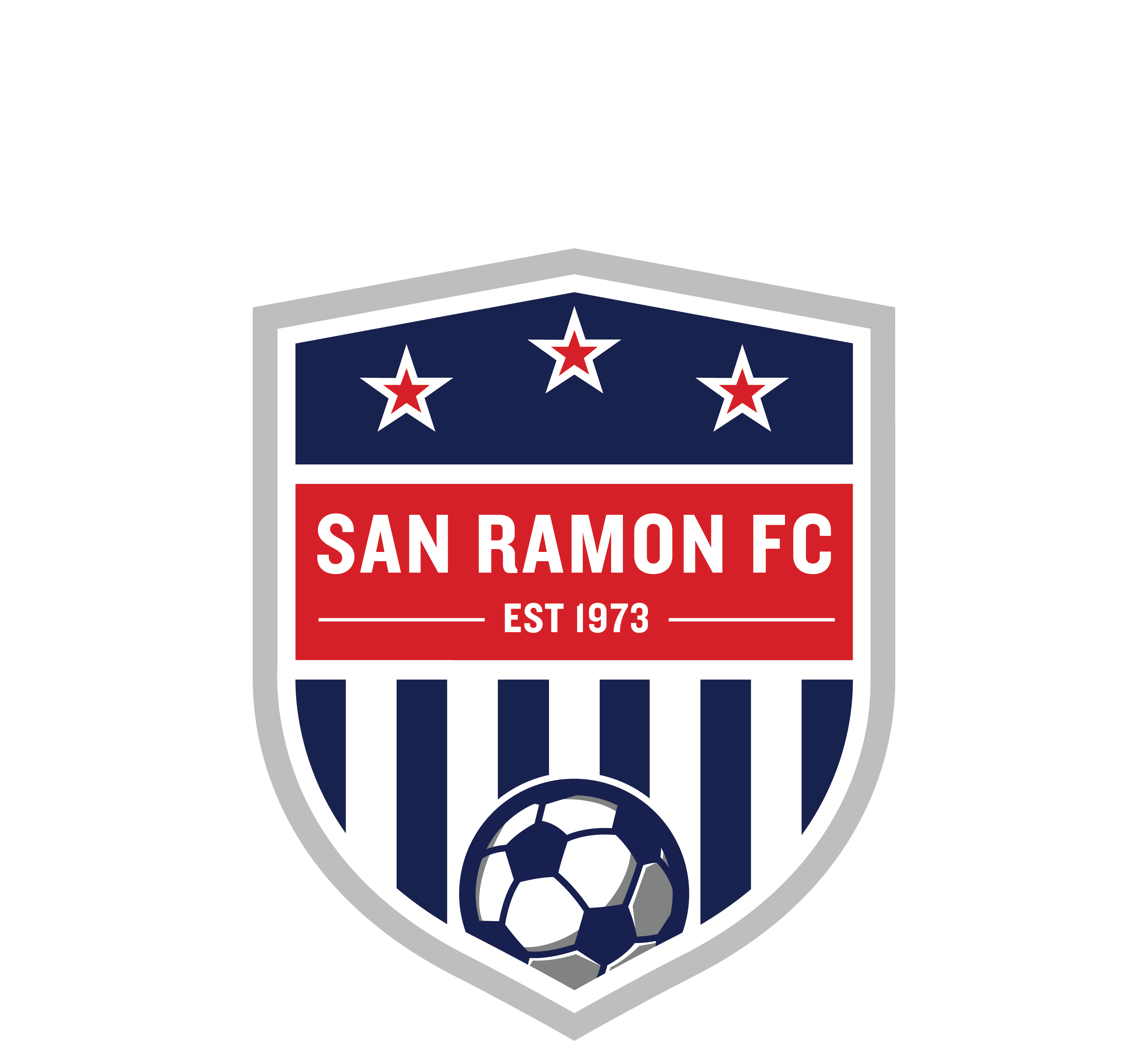 San Ramon FC shield logo with three stars, a red banner reading "SAN RAMON FC EST 1973", and a soccer ball over blue and white vertical stripes.