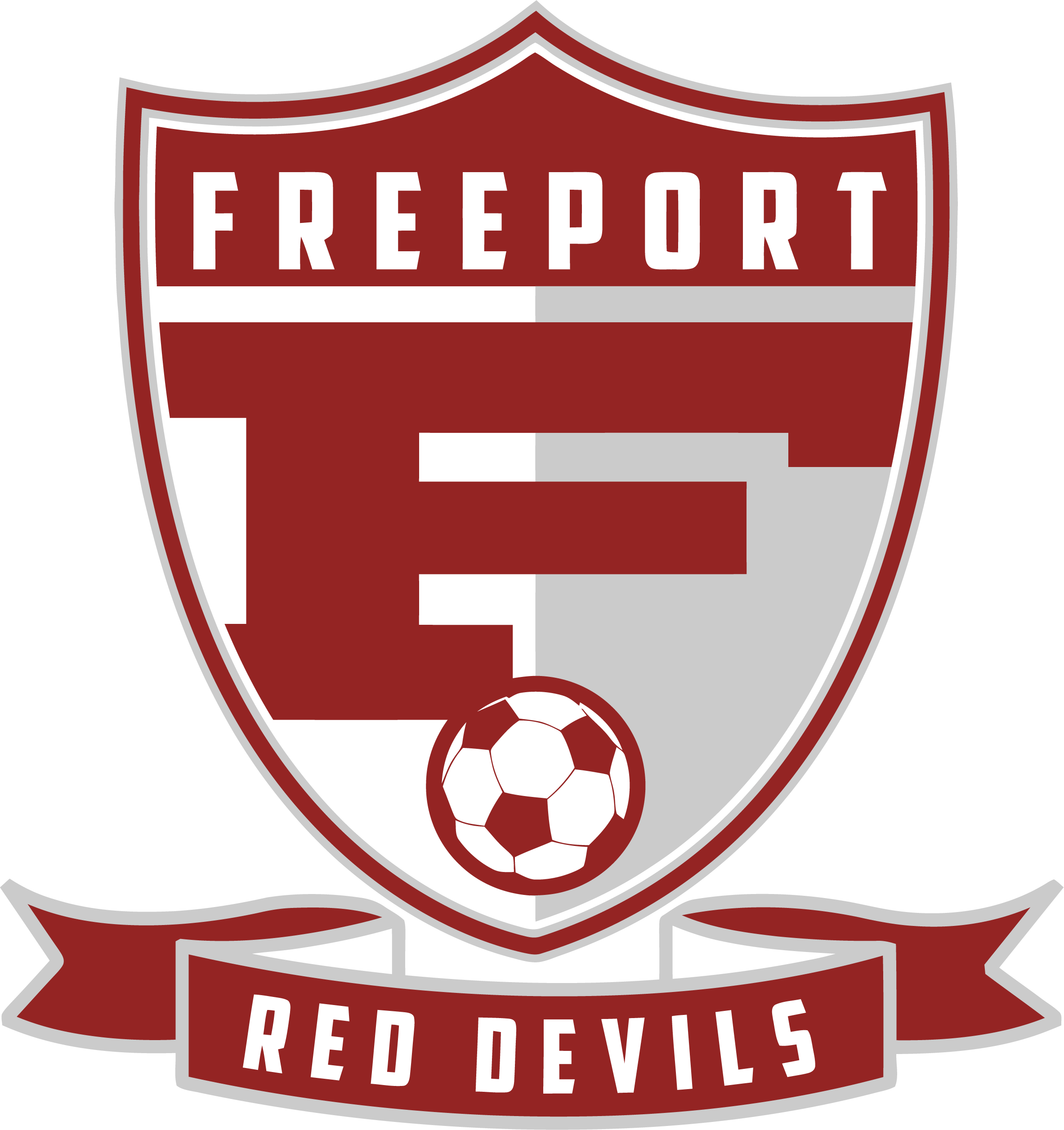 Maroon and white shield logo for Freeport Red Devils. Features a stylized "F," a soccer ball, and text banners reading "FREEPORT" and "RED DEVILS."