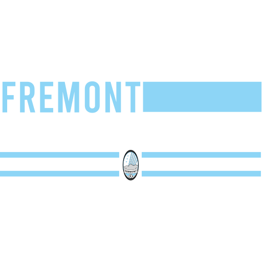 Logo for Fremont Soccer with 'FREMONT' in black on light blue and 'SOCCER' in white on black. A small central crest sits between horizontal light blue and white stripes.