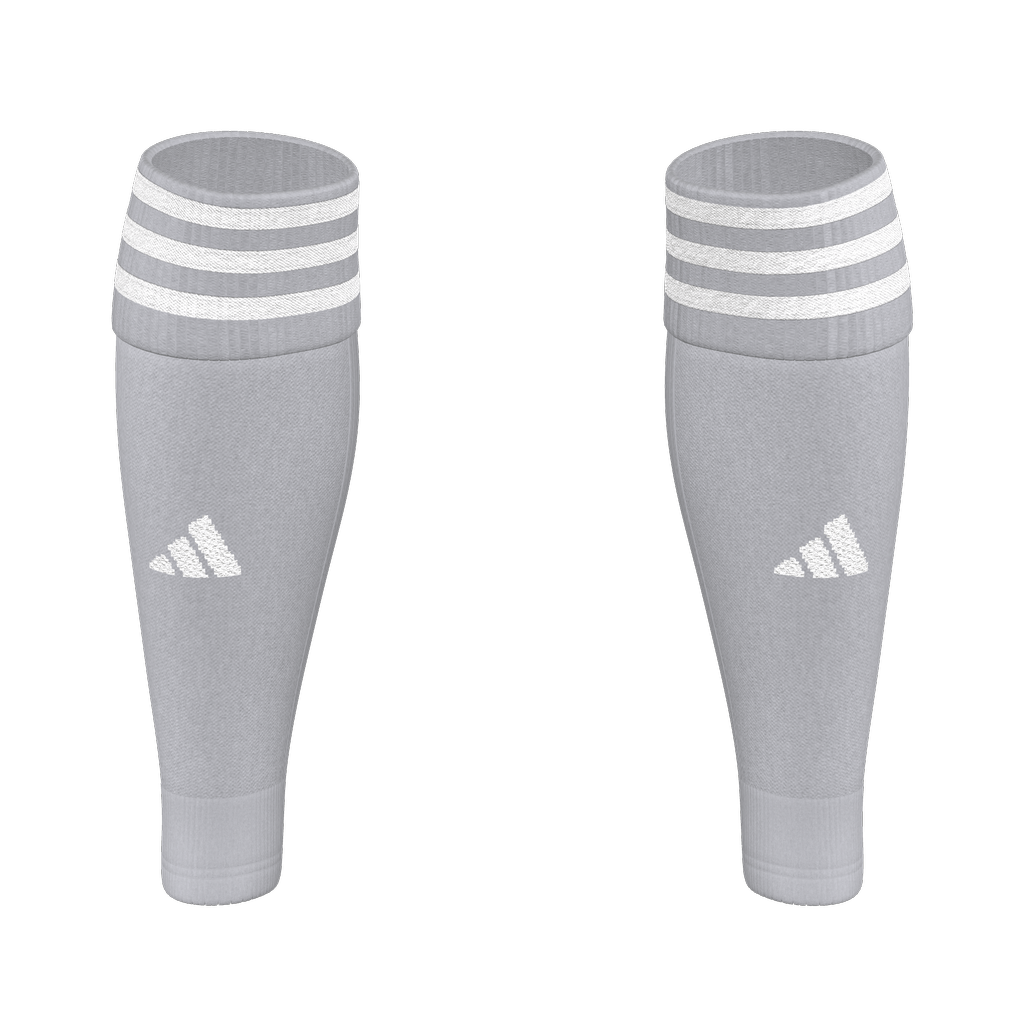 A pair of grey Adidas soccer leg sleeves with three white stripes around the top and a white logo on the calf, set against a solid black background.
