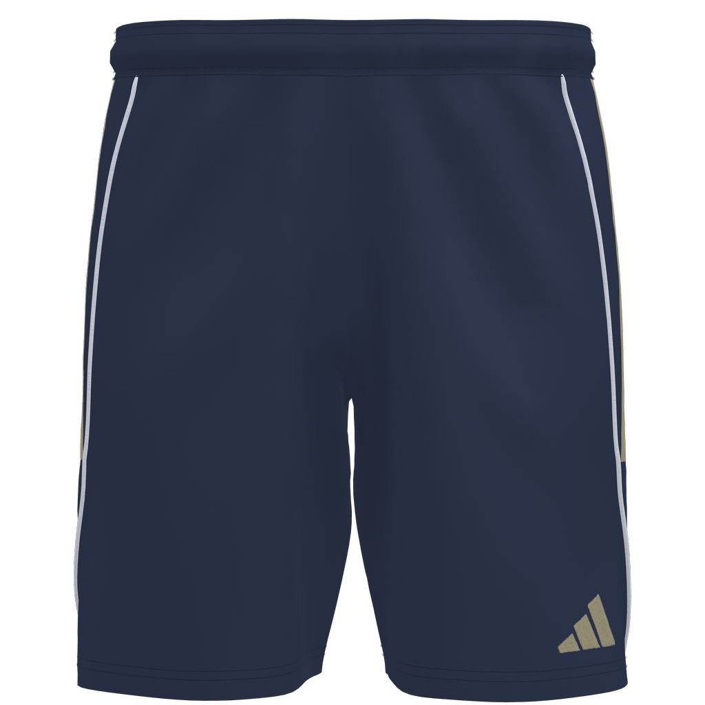 Front view of navy blue Adidas athletic shorts with white side piping and a gold logo on the bottom right leg.