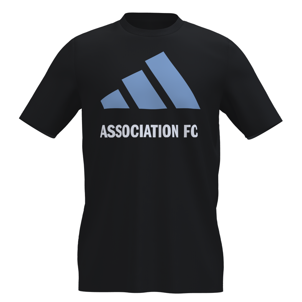 Black t-shirt featuring a light blue three-bar slanted logo above the white text 'ASSOCIATION FC' centered on the chest.