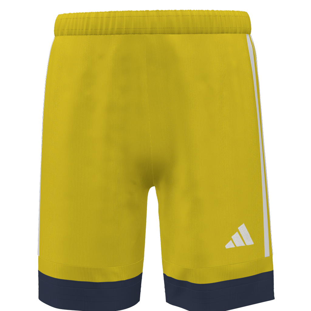 Yellow athletic shorts with navy blue hem bands, white side stripes, and a white Adidas logo on the right leg.