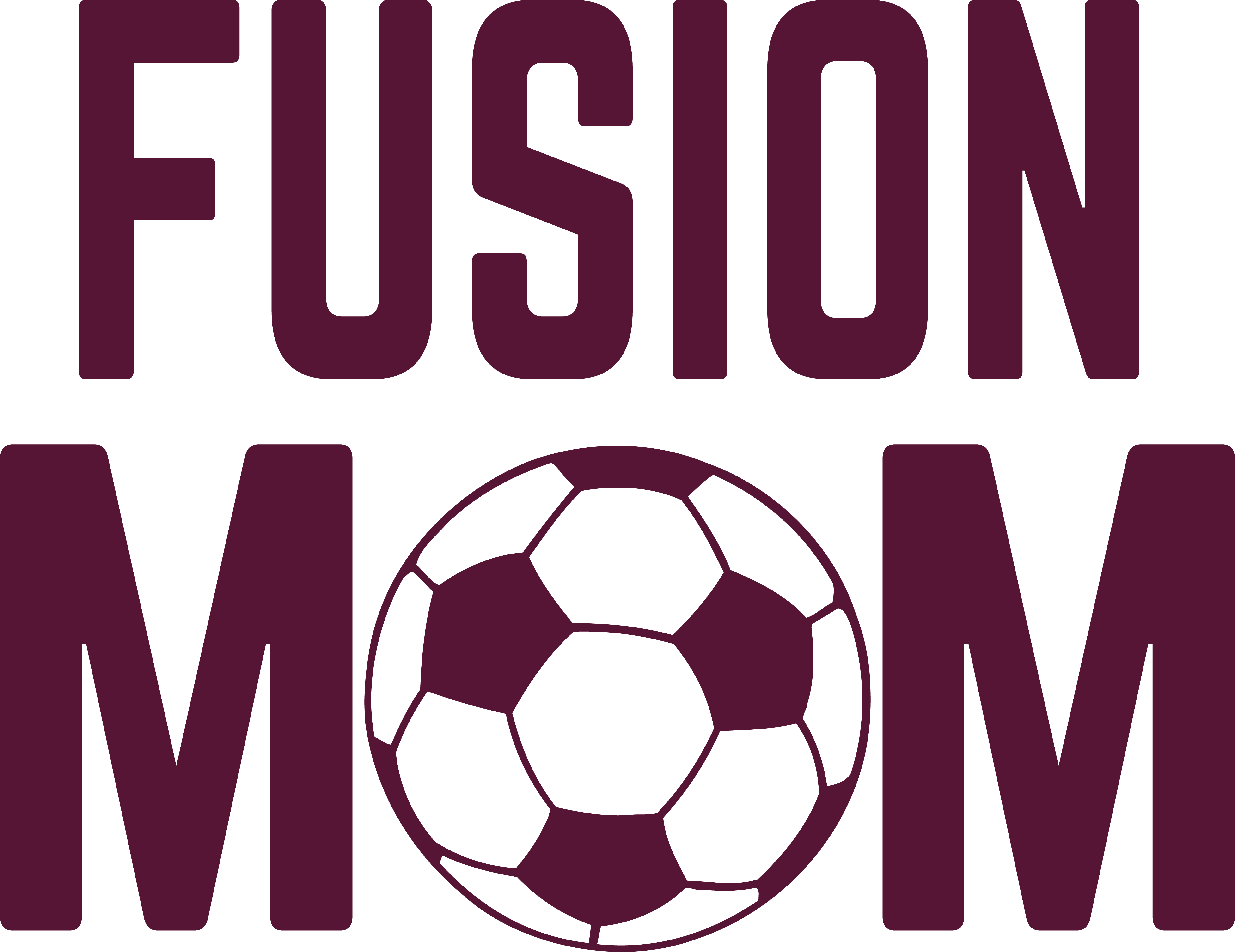 A maroon graphic featuring the word "FUSION" stacked above "MOM," with a soccer ball replacing the letter "O" in "MOM."