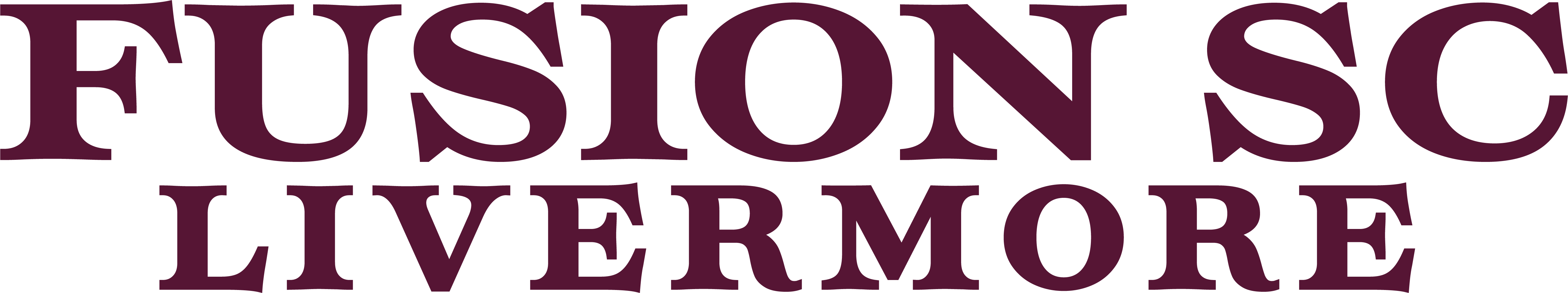 A maroon logo for "FUSION SC LIVERMORE" in a bold, stylized serif font.