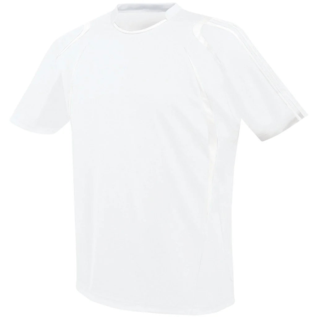 A short-sleeved white athletic t-shirt with a crew neck and subtle tonal stripes on the shoulders and sides, set against a plain white background.