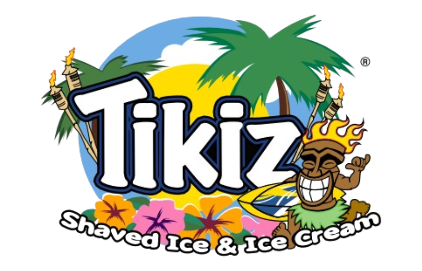 Logo for Tikiz Shaved Ice & Ice Cream featuring a tropical beach theme with palm trees, hibiscus flowers, and a surfing cartoon tiki character.