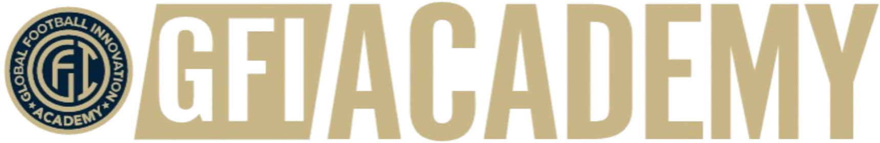 A logo for GFI ACADEMY. On the left is a circular navy blue and gold seal containing the words "GLOBAL FOOTBALL INNOVATION ACADEMY" around a central "GFI" monogram. To its right, the word "GFI" is written in bold black letters within a slanted gold box, followed by the word "ACADEMY" in large gold block letters.