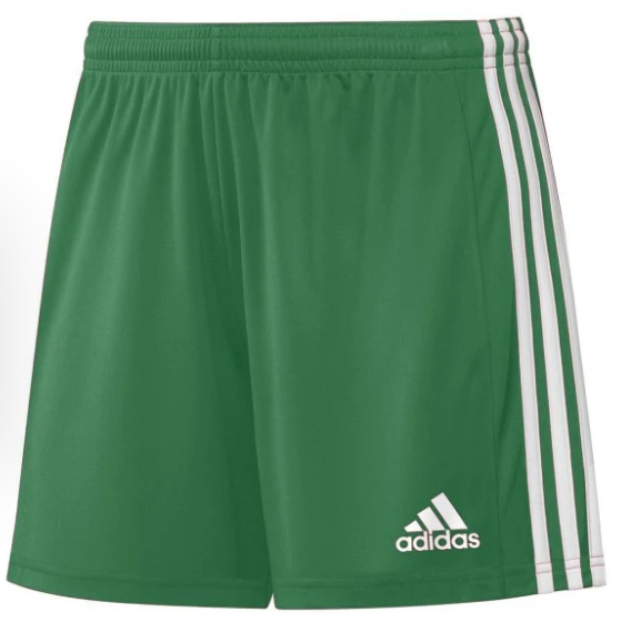 Green Adidas athletic shorts featuring three vertical white stripes on the side and a white Adidas logo on the lower leg.