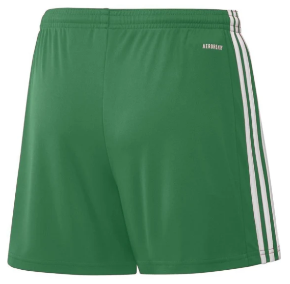 Back view of green athletic shorts with three vertical white stripes on the side. Small "AEROREADY" text is visible on the upper right hip.
