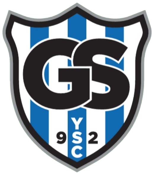 Shield-shaped sports logo with blue and white vertical stripes and large, black overlapping "GS" letters. Below the letters, the text "9 YSC 2" is displayed, with "YSC" stacked vertically. The logo has a thick black border.