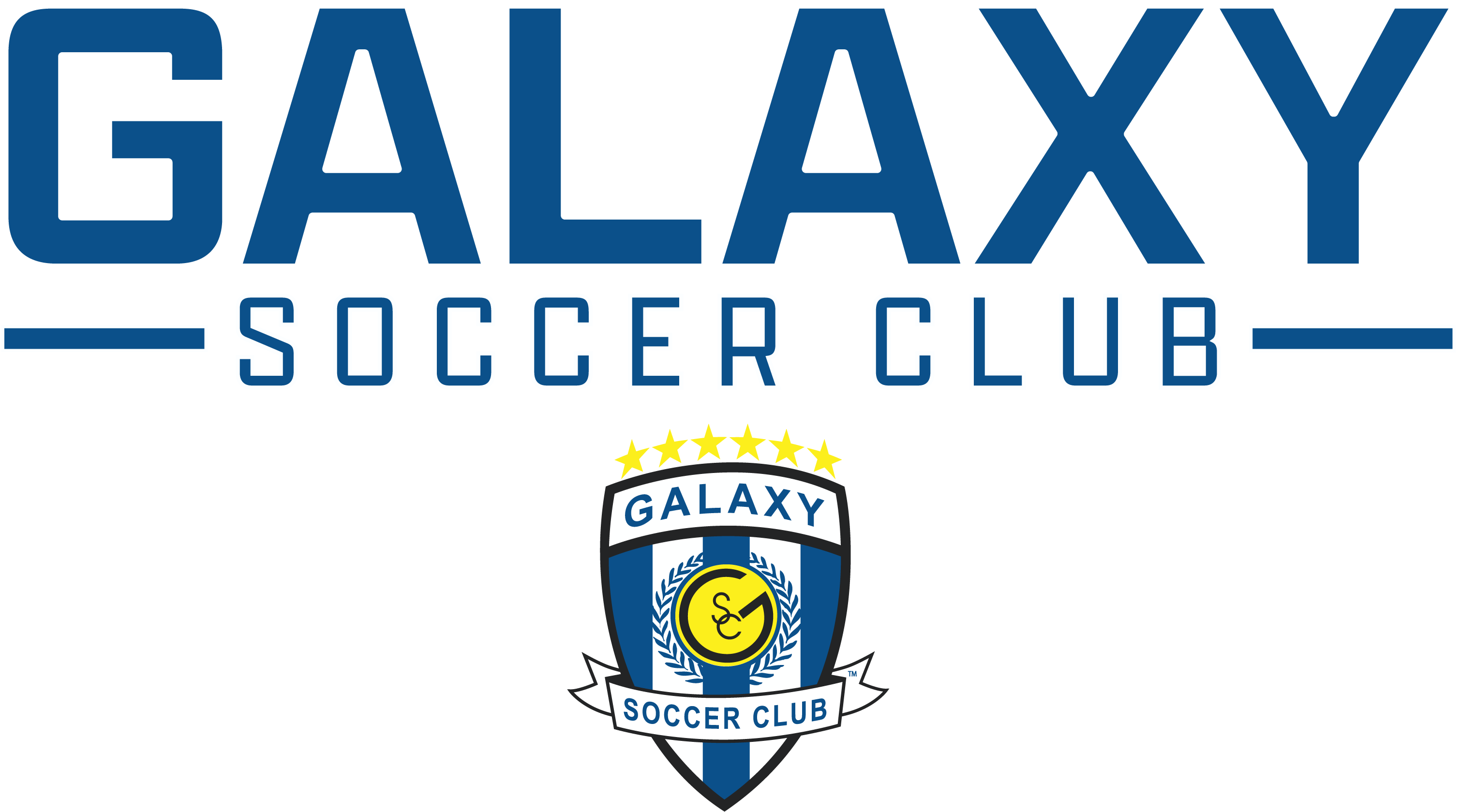 Galaxy Soccer Club logo featuring bold blue text above a blue and white shield emblem topped with six yellow stars and a central yellow crest.