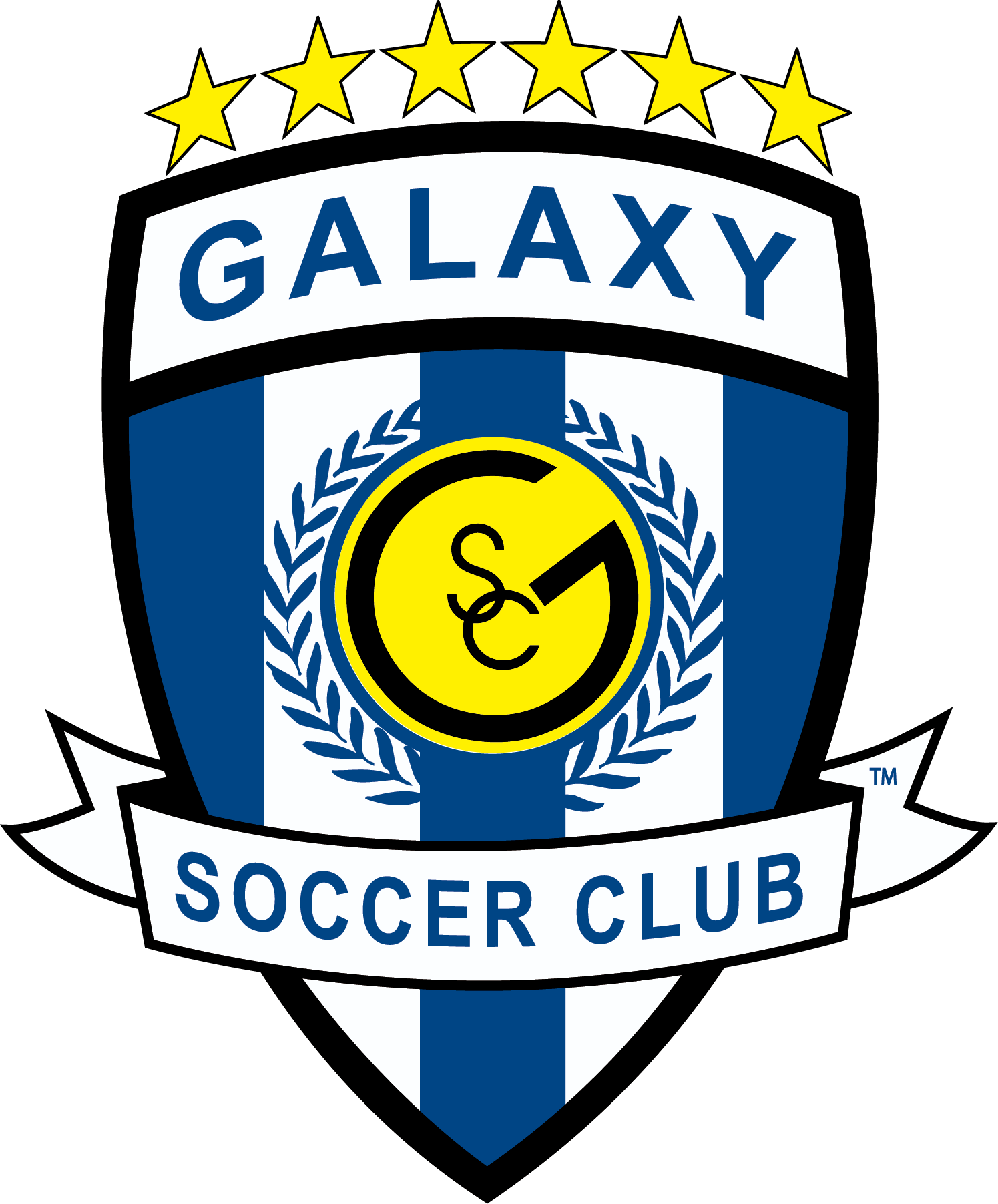Shield logo for Galaxy Soccer Club with six yellow stars at the top, blue and white stripes, a central yellow circular emblem, and text reading "GALAXY SOCCER CLUB."