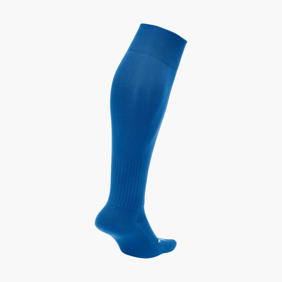 A single bright blue knee-high sports sock, shown from a side profile, featuring a ribbed cuff and ankle support.