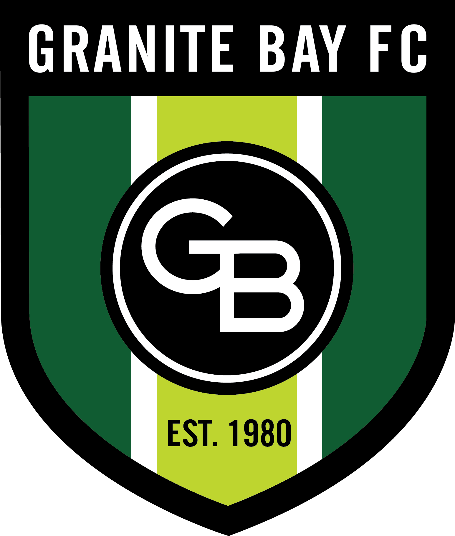 Shield-shaped logo for Granite Bay FC featuring a green and black crest with white and lime vertical stripes, a central "GB" monogram in a circle, and "EST. 1980" at the bottom.