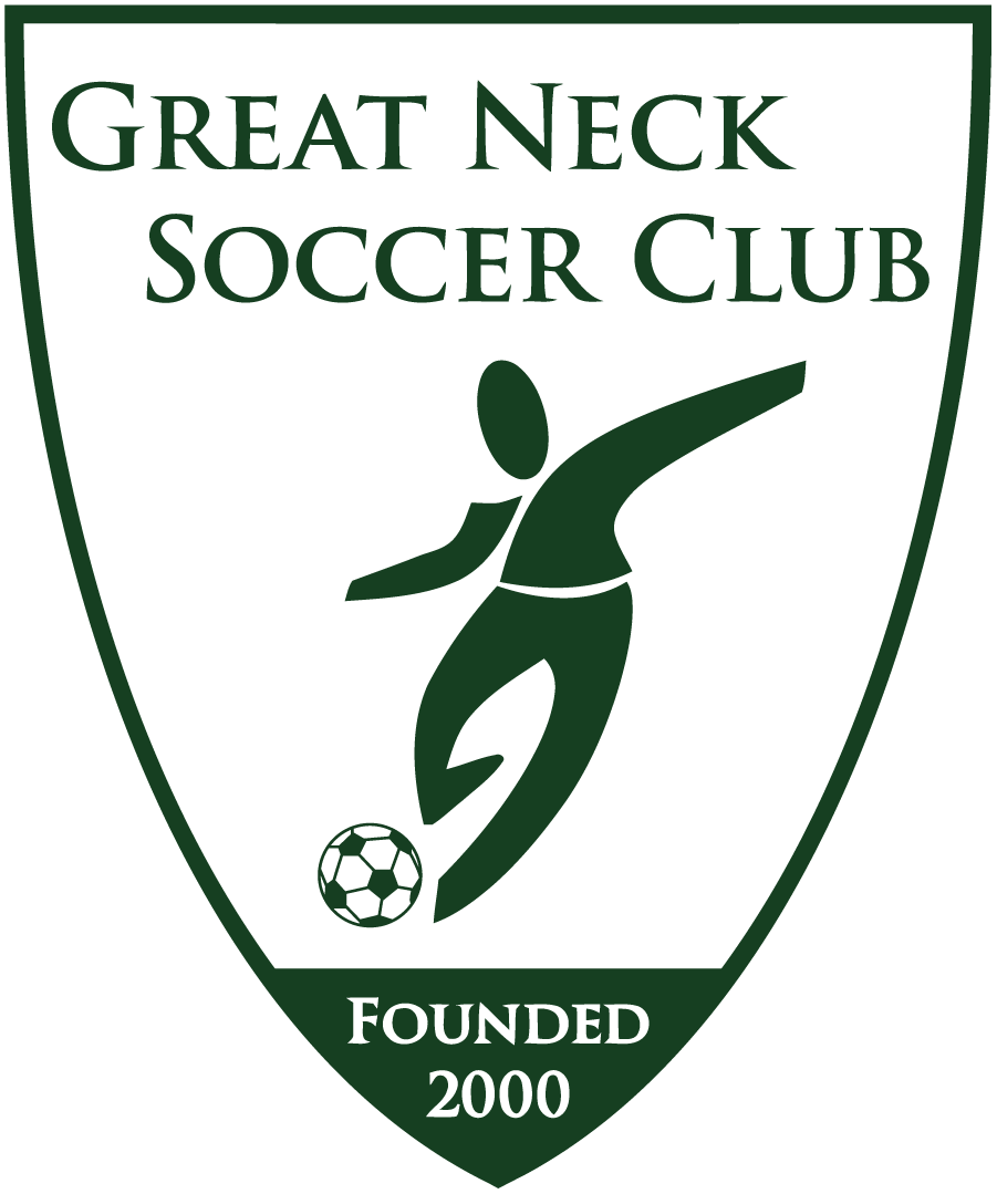 Green and white shield logo for Great Neck Soccer Club with a soccer player silhouette and "FOUNDED 2000" at the bottom.