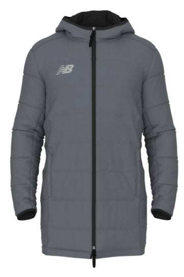 A long grey New Balance hooded puffer jacket featuring horizontal quilting and a full-length black zipper.