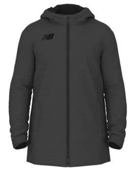 Dark grey New Balance hooded zip-up jacket with a black logo on the chest and a long-line silhouette.