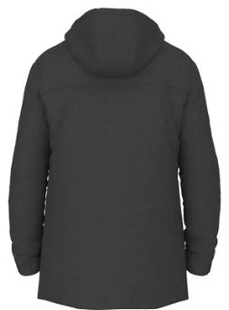 Back view of a solid black hooded parka.
