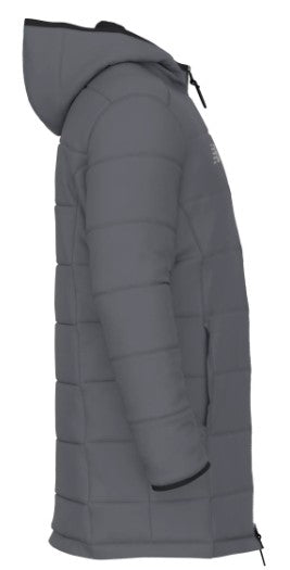 Side profile of a grey quilted hooded coat with a grid pattern and black trim.