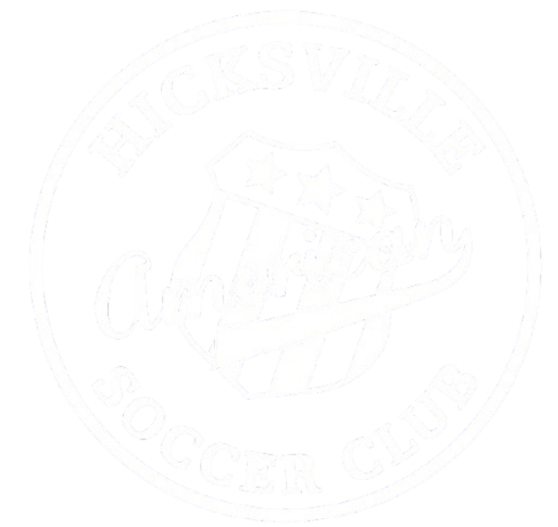 Circular black and white logo for Hicksville Soccer Club featuring a central shield with stars, stripes, and the word "American" in cursive script.