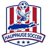 Logo for Hauppauge Soccer: a red and white striped shield with a soccer ball, eagle, and Long Island silhouette. Text reads 'HAUPPAUGE SOCCER' with three stars at the bottom.