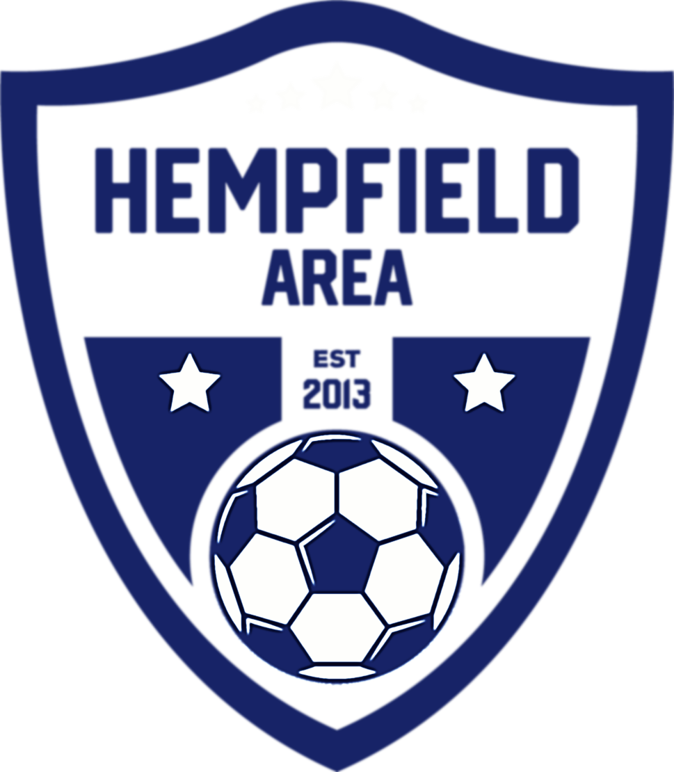 Blue shield logo for Hempfield Area soccer, established 2013. Features white stars along the top and sides, with a soccer ball graphic at the bottom.