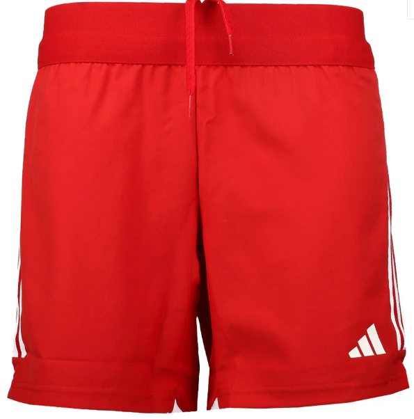 Red Adidas athletic shorts featuring white three-stripes on the sides, a white logo on the lower leg, and an elastic drawstring waistband.