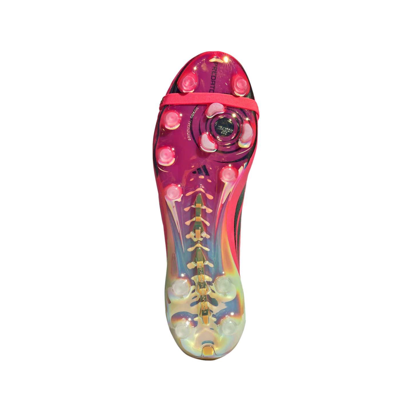 Bottom view of an iridescent pink and yellow Adidas Predator soccer cleat with circular studs and metallic gold accents on a plain white background.