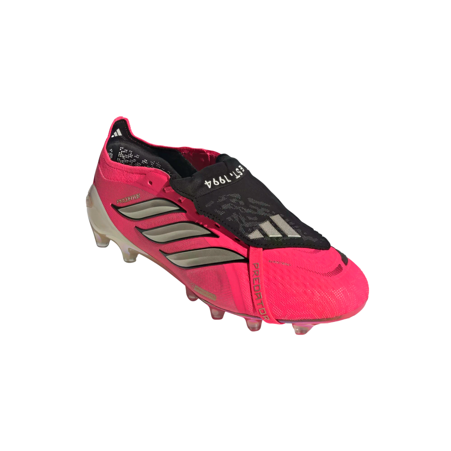 Pink Adidas Predator football boot with a black tongue flap, silver Adidas stripes, and pink studs, on a white background.