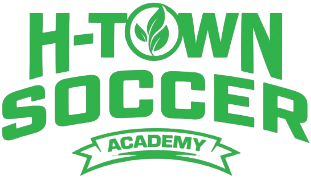 A green logo for H-TOWN SOCCER ACADEMY on a black background. The letter "O" contains a leaf design, and the word "ACADEMY" is inside a banner at the bottom.