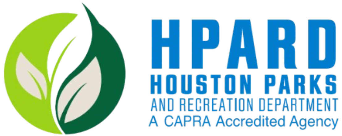 HPARD logo: A circular graphic of green leaves next to blue text reading "HPARD HOUSTON PARKS AND RECREATION DEPARTMENT A CAPRA Accredited Agency".