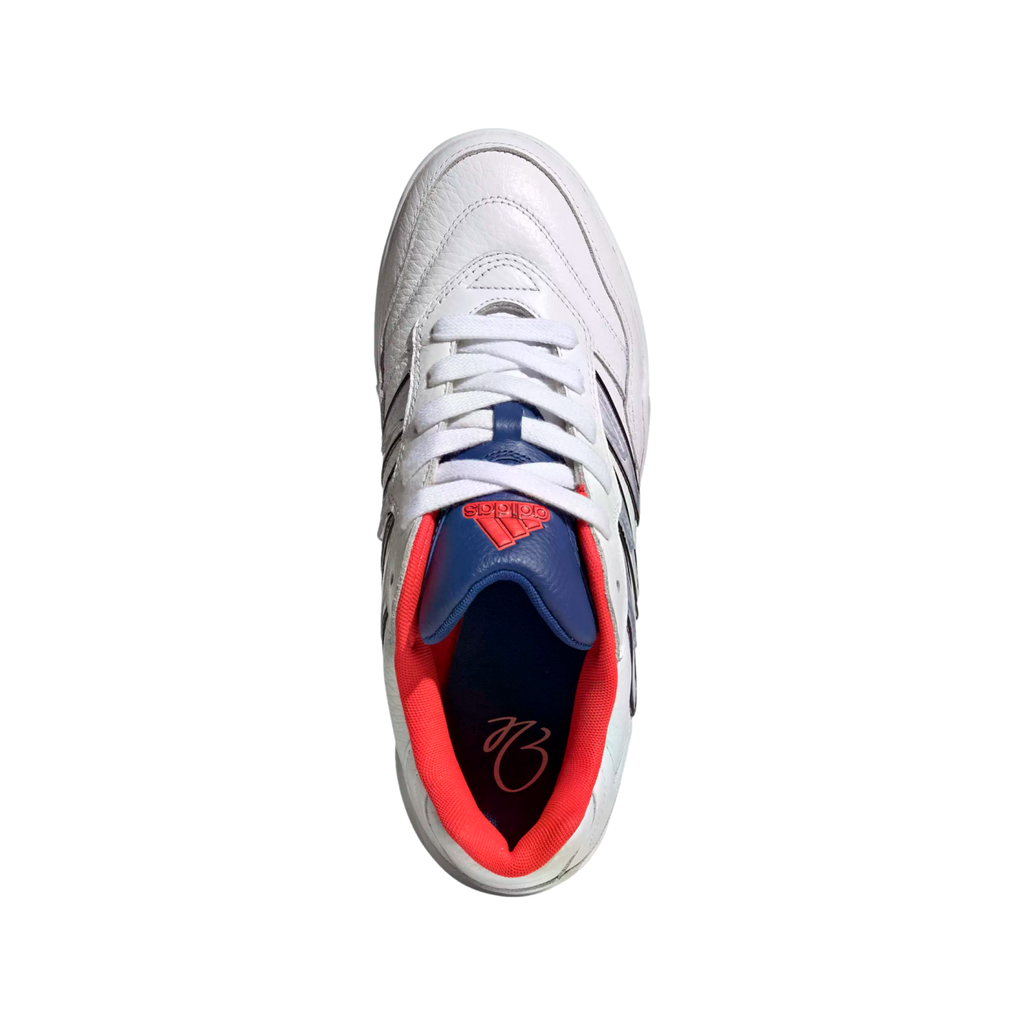 Top-down view of a white Adidas sneaker featuring a blue tongue and red interior lining against a black background.
