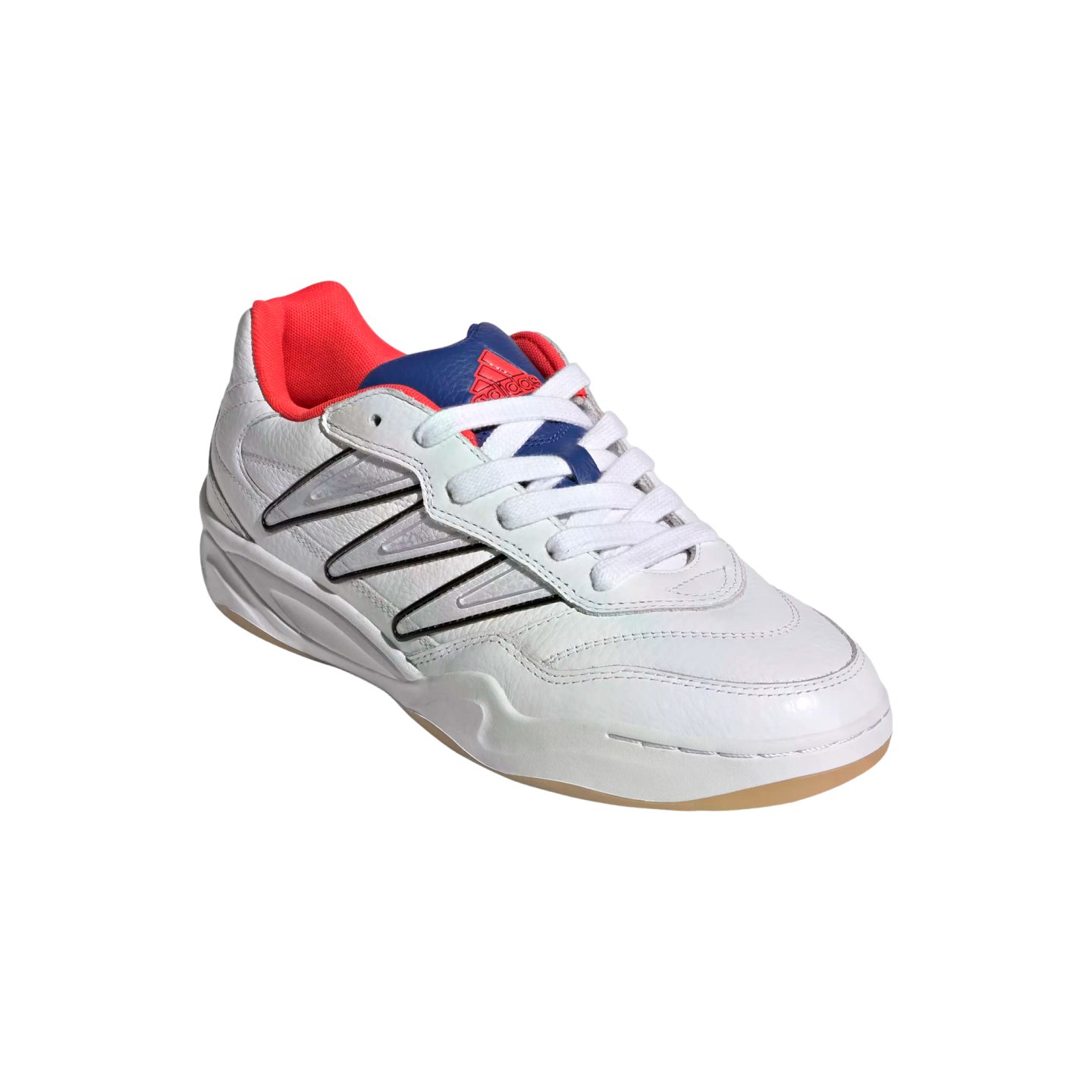 A white leather Adidas low-top sneaker with red and blue accents, white laces, and a gum sole, shown from a three-quarters front angle against a black background.