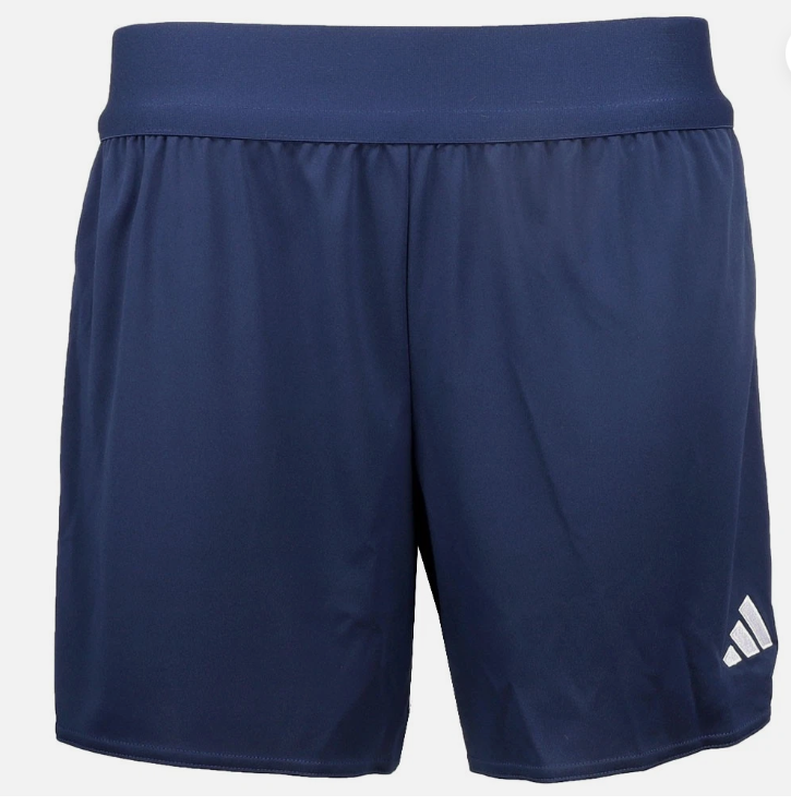 Navy blue athletic shorts with a thick waistband and a white Adidas logo on the lower left leg.