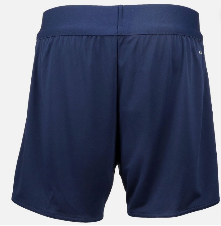 Rear view of navy blue athletic shorts featuring a wide elastic waistband and a small white brand logo on the side.