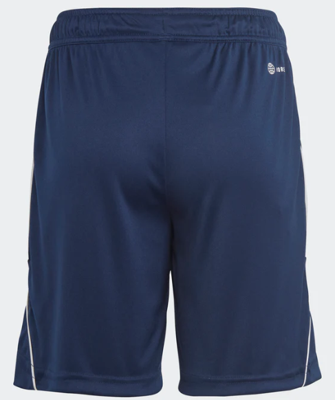 Back view of navy blue athletic shorts featuring an elastic waistband and thin white trim along the sides.