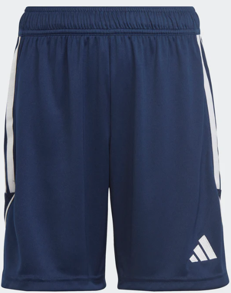 Navy blue Adidas training shorts featuring an elastic waistband, three white side stripes, and a white logo on the lower leg.