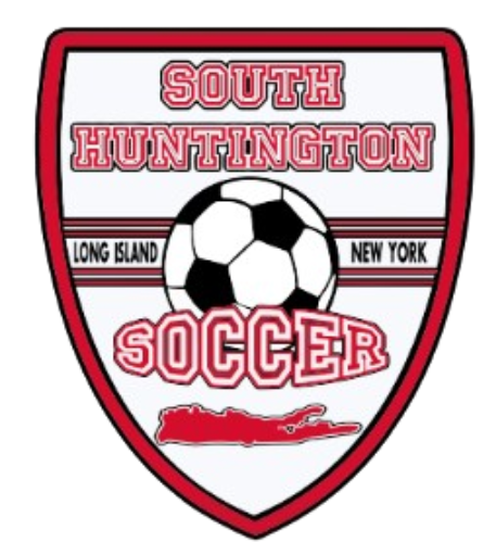 A red, white, and black shield-shaped logo for South Huntington Soccer featuring a soccer ball, "Long Island New York" text, and a silhouette map of Long Island.