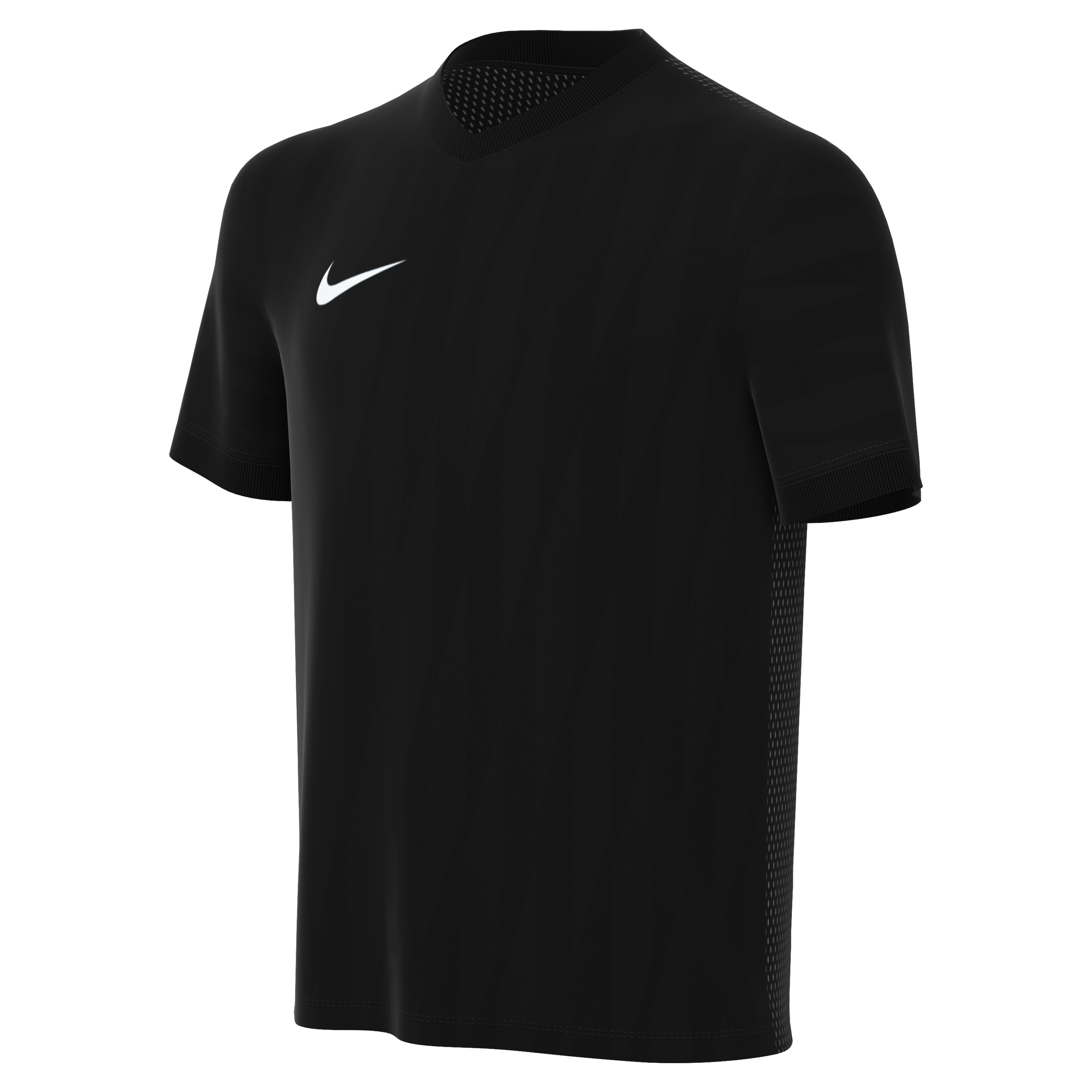 Black Nike short-sleeved athletic V-neck jersey with a white swoosh logo and subtle tonal diagonal patterns on the fabric.