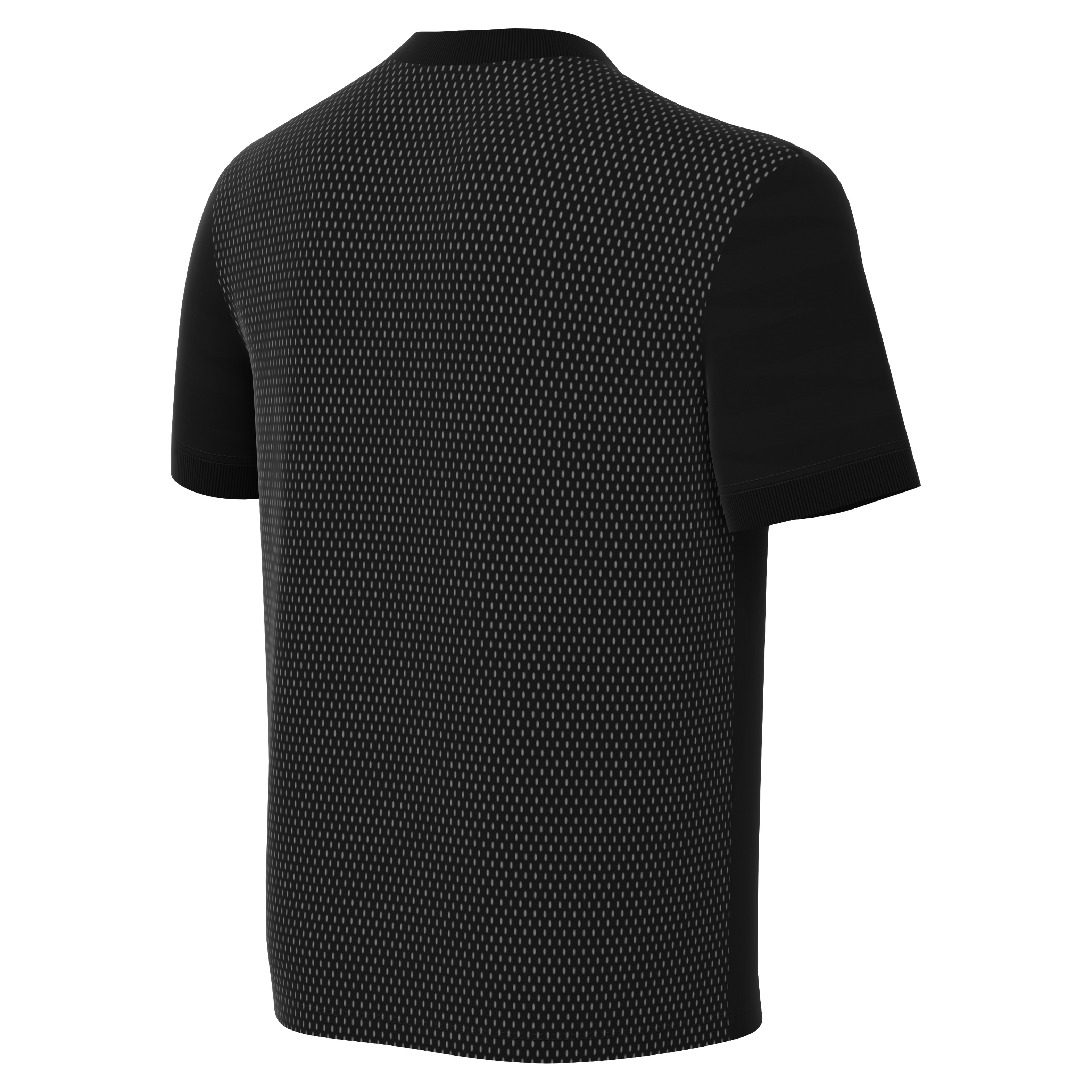 Back view of a black short-sleeved athletic shirt featuring a dense white dotted pattern on the main body and solid black sleeves.