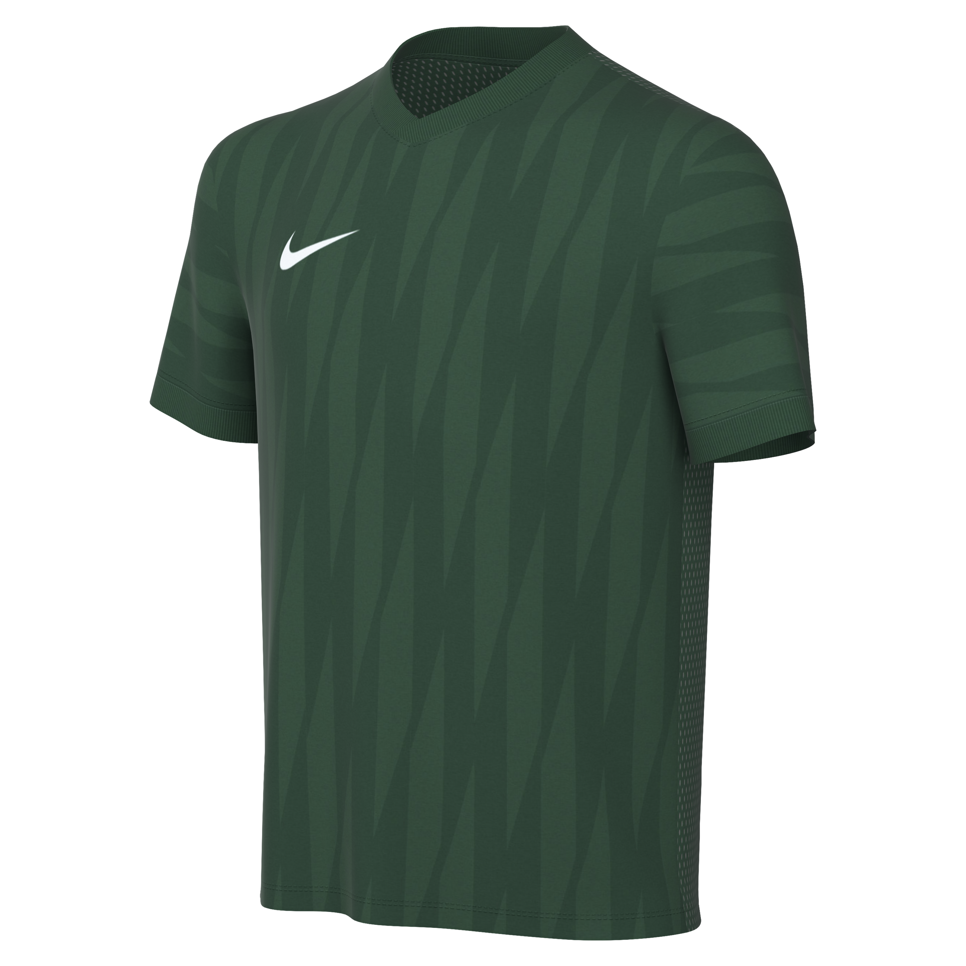 A forest green Nike short-sleeved jersey featuring a white swoosh logo and a subtle tonal zig-zag pattern, set against a black background.