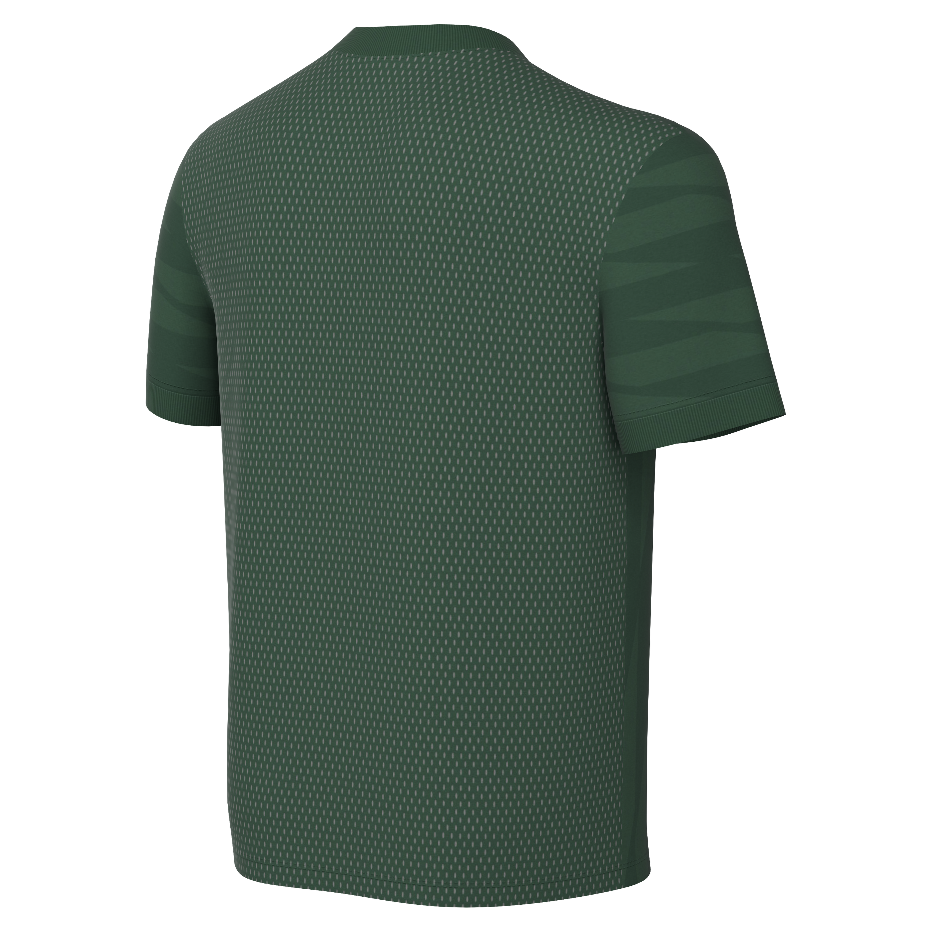 Back view of a dark green short-sleeved athletic jersey with mesh texture and wavy sleeve patterns on a black background.