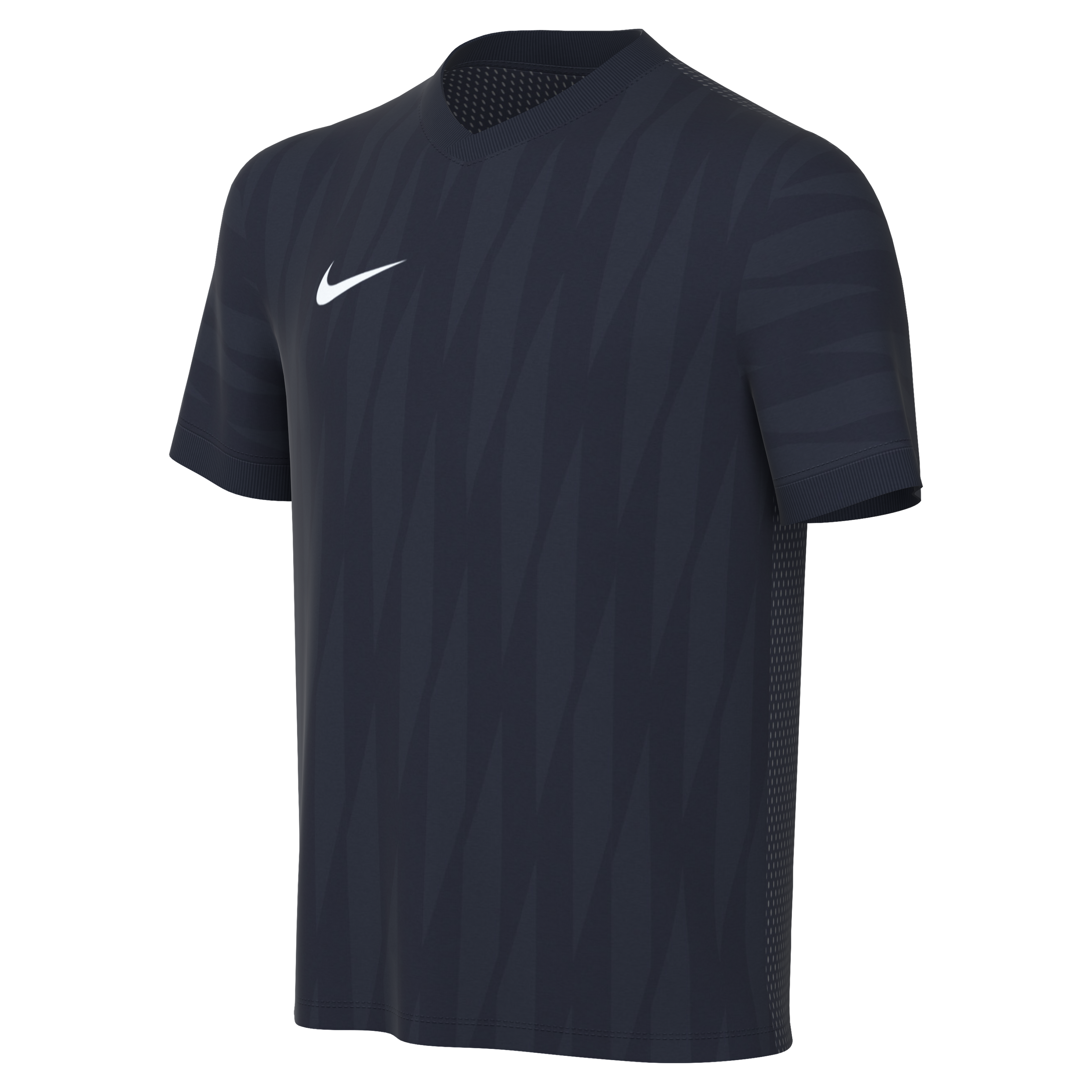 Dark grey Nike short-sleeved jersey with a V-neck, white logo, and subtle tonal geometric pattern.